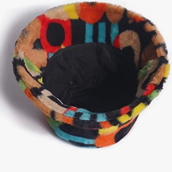 Multicolor Faux Fur Bucket Hat - Bold Pattern - Picture 3 of 4